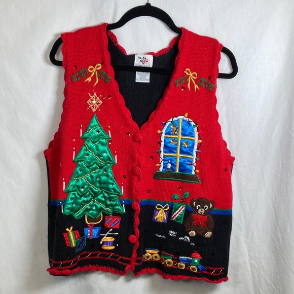 Nutcracker Jackets & Blazers - Nutcracker Vintage Ugly Christmas Sweater Vest Embroidered Holiday Scene Sz L